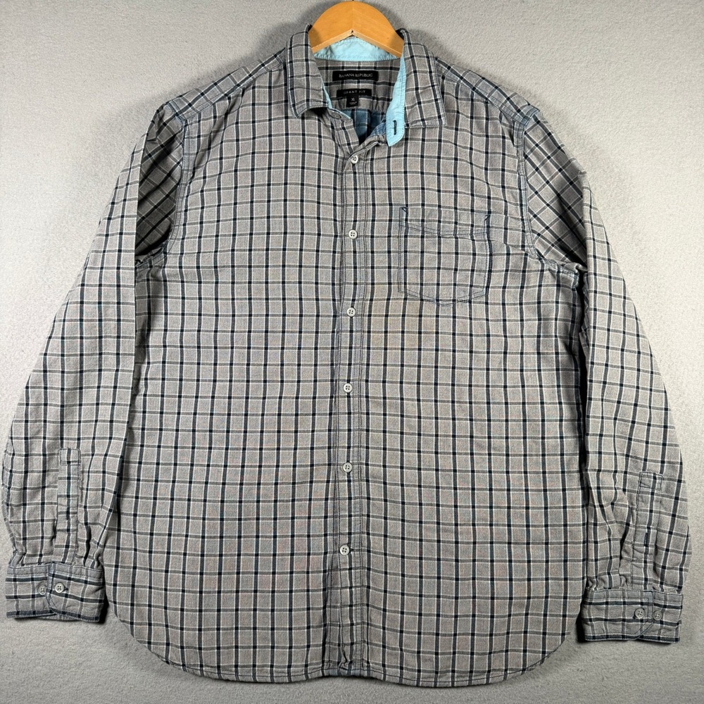 Banana Republic Mens XL Grant Fit Grey Literature Plaid Cotton Button Down Shirt